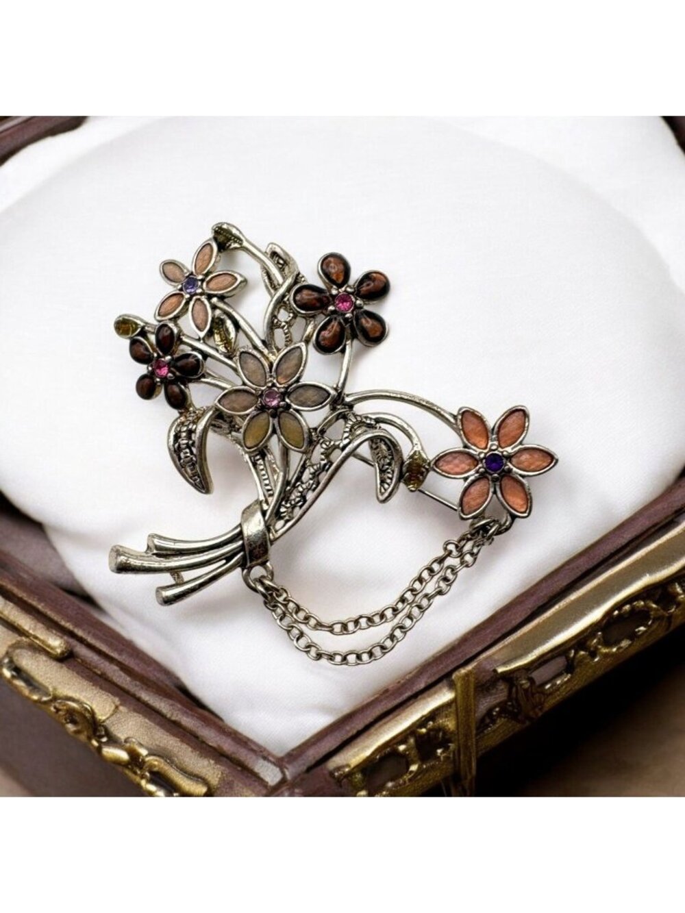 Silver Tone Floral Cluster Brooch Pin Flower Bouquet Multicolor Spring Mom Gift